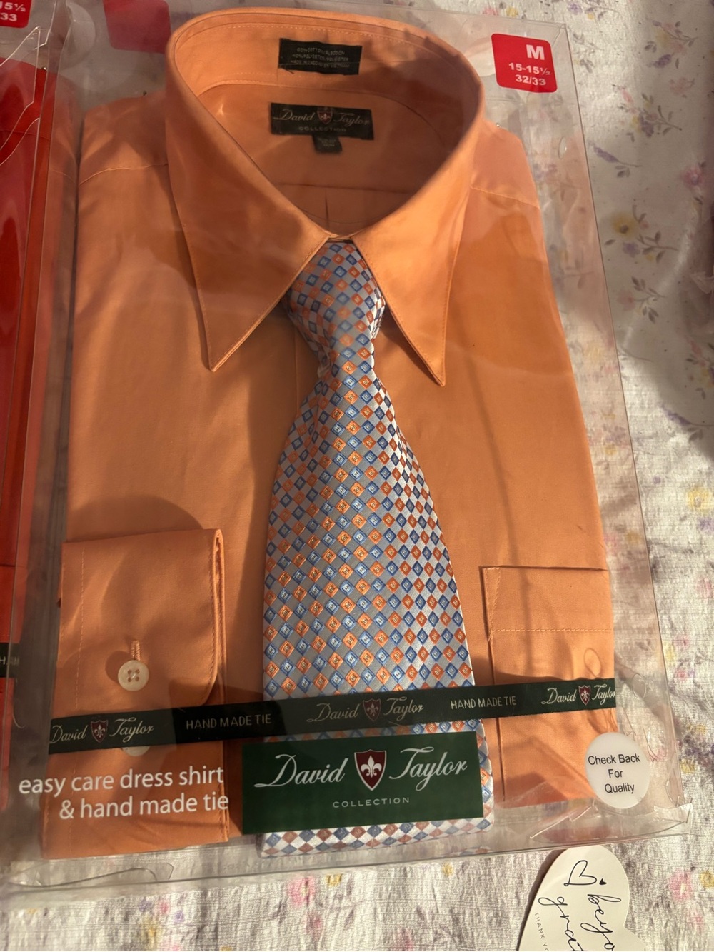 David Taylor Orange Dress Shirt with Patterned Blue-Accented Tie